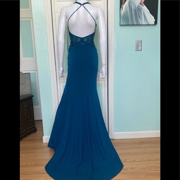 Size 0 Clarisse 8064 Peacock Teal Open Back Side Slit Dress Prom Gown NWT - Picture 4 of 5